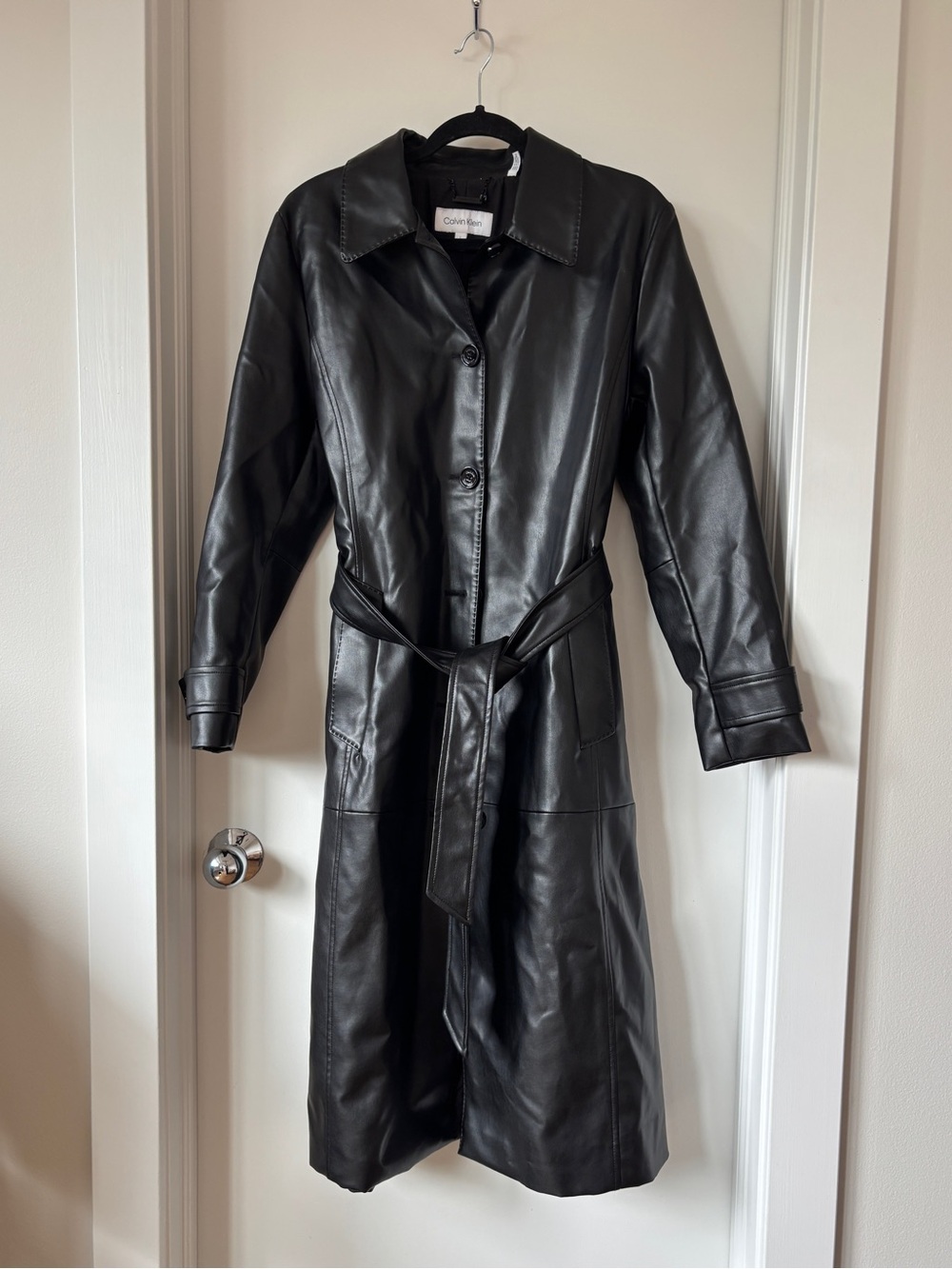 Calvin Klein Black Vegan Leather Belted Trench Coat